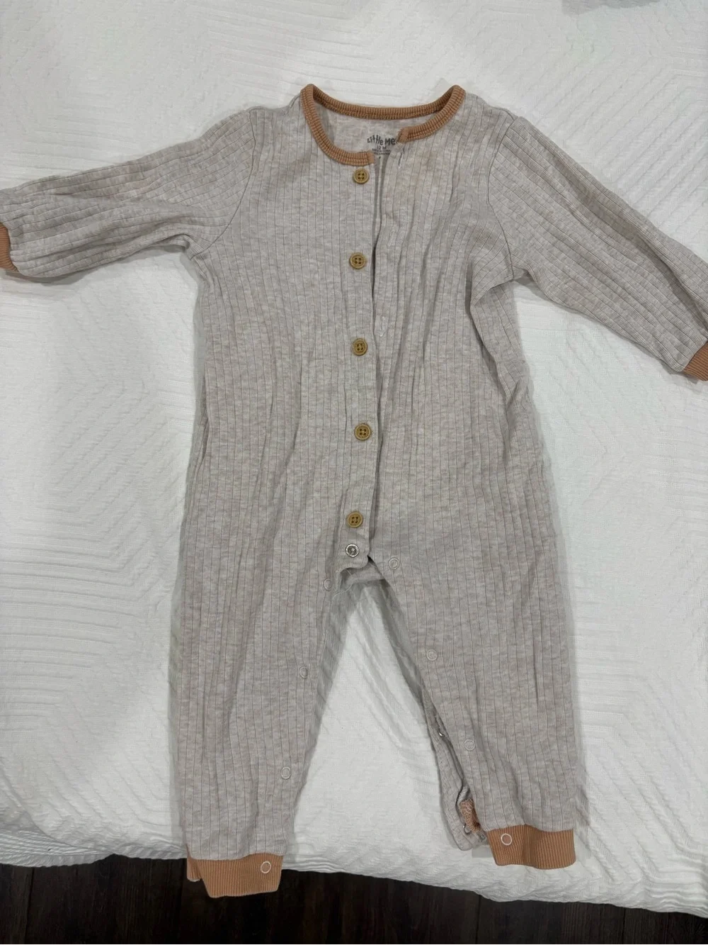 Little Me Ribbed Beige One-Piece with Tan Trim